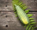 Organic, green zucchini, fern leave on a wooden table with place for text