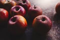 Organic grown, imperfect, fresh, shiny red apples on a table