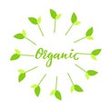 Organic hand drawn logo, label with green floral frame, with sprout. Vector illustration eps 10 for food and drink