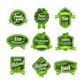 Organic health food badge seal design. Natural organic food sticker set. Farm product market signs in vector