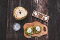 Organic healthy breakfast poached eggs on toast with avocado, young coconut Royalty Free Stock Photo