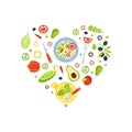 Organic Healthy Food Banner Template with Fresh Vegetarian Products of Heart Shape Vector Illustration Royalty Free Stock Photo