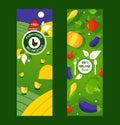 Organic healthy food from local farmers, fresh eco products, vector illustration. Vertical banners in flat style for