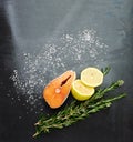 Organic, healthy and food with salmon, lemon and rosemary in kitchen or studio. Nutrition, eating and recipe for
