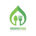 Organic healthy food - vector logo template concept illustration in flat style. Fork and green leaf minimal creative sign.