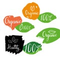 Organic healthy labels with calligraphy and logos on hand drawn leaves. Vector