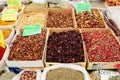 Organic herbal tea at the market. Trading dried flower tea on Turkish bazaar. dried flower petals.
