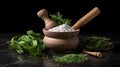 Organic herbs and spices in wooden mortar and pestle on table AI Generated Royalty Free Stock Photo