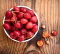 organic homegrown cherries and stones in a vintage ceramic bowl, on wooden background