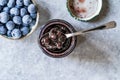 Organic Homemade Blueberry Huckleberry Jam Marmalade Preserves im Glass Bowl with Spoon Royalty Free Stock Photo