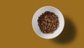 Organic homemade breakfast cereals in a white bowl on an orange background. Source or example. Royalty Free Stock Photo