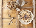 Organic homemade granola cereal with oats, nuts and dried berries. Muesli in a glass jar. Healthy vegan breakfast or snack. Copy Royalty Free Stock Photo