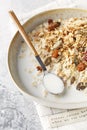 Organic homemade granola cereal with oats, nuts and dried berries. Muesli in a glass jar. Healthy vegan breakfast or snack. Copy Royalty Free Stock Photo