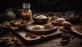 Organic homemade hazelnut cookies on rustic burlap plate generated by AI