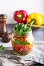 Organic homemade salad served in jar, mason healthy food , copy space Royalty Free Stock Photo