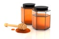 Organic Honey Jars with a Wooden Honey Dipper on White Background - 3D Illustration Render