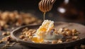 Organic honey poured over fresh fruit and almond oatmeal bowl generated by AI