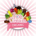 Organic ice cream summer natural fresh and cold sweet food vector illustration. Healthy homemade tasty dairy cone