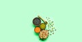 Organic ingredients for Flexitarianism or Flexible Vegetarianism on green background. Healthy eating concept. Creative Royalty Free Stock Photo