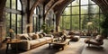 Organic interior design of modern living room. Rustic furniture in spacious room with arched windows and high wooden ceiling Royalty Free Stock Photo