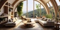 Organic interior design of modern living room. Rustic furniture in spacious room with arched windows and high wooden ceiling