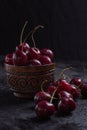 Organic juicy cherry in a bowl with water drops on berries on dark background. Close-up photo, low key. Royalty Free Stock Photo