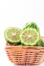 Organic Kaffir lime in basket, Citrus fruit used in Southeast Asian