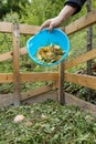 Organic kitchen waste being thrown on a compost