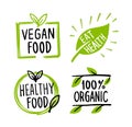 Organic labels. Fresh eco vegetarian emblems and healthy foods logo. Sticker or ecological product stamp.