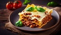 Organic lasagna, pasta, meat and vegetable dish generated by AI