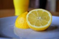 Organic lemon and bottled lemon juice as a contrast of fresh and conserved Royalty Free Stock Photo