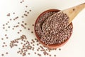 Organic lentils in a ceramic bowl with a large wooden spoon. Con Royalty Free Stock Photo