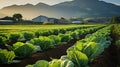 Organic Lettuce Thriving in a Sustainable Farm amidst Majestic Morning Mountains. Generative AI