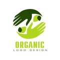 Organic logo design, healthy premium quality food label with green leaves and human hands, emblem for cafe, packaging Royalty Free Stock Photo