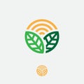 Organic logo. Farmer products emblem. Leaves and sun in a circle.