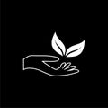 Organic logo. Leafs in hand icon isolated on black background