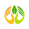 Organic logo. Leafs in hand logo. Natural products logo.