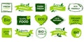 Organic logo. Vegan product labels, natural food and eco vegetables badges, fresh and healthy product stickers. Vector