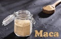 Organic maca powder - Lepidium meyenii. Text space Royalty Free Stock Photo