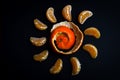 Organic mandarin wedges arranged in a circle with the peel in a spiral on an black paper background with space for copy