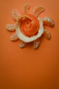 Organic mandarin wedges arranged in a circle with the peel in a spiral on an orange paper background with space for copy