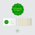 Organic market logo. Organic food emblems. Green badge with letters and small cherries. Identity. Pattern and business card. Royalty Free Stock Photo