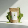 Organic Matcha Green Tea Packaging Kraft Pouch with Green Powder Explosion on White Background Royalty Free Stock Photo