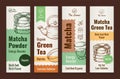 Organic matcha powder green tea energy booster vertical label set engraved vector illustration