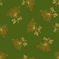 Organic meadow seamless pattern with random wild yarrow ornament. Green olive background. Botany print