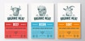 Organic Meat Abstract Vector Packaging Design or Label Templates Set. Farm Grown Steaks Banner. Modern Typography and