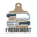 Organic meat product logotype with cutleries and cutting board