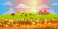 Organic milk farm vector landscape with village, livestock, mill, green field, meadow, sky, clouds.