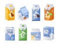 Organic milk. Vegetarian drinks collection for coffee and tea. Vegan milky replacement. Isolated cardboard food