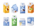 Organic milk. Vegetarian drinks collection for coffee and tea. Vegan milky replacement. Isolated cardboard food containers.